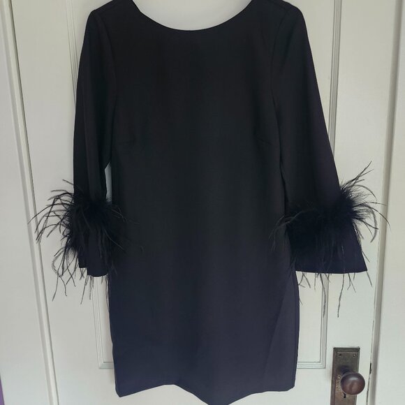New w/Tags Sam Edelman Feather Trim 3/4 Sleeve Cocktail Dress, Black, Size 2 - Picture 2 of 5